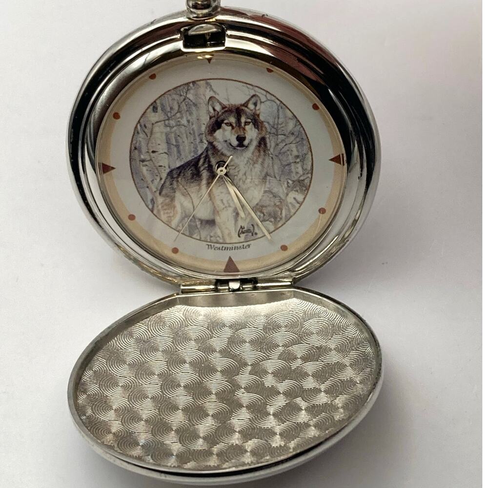 Westminster Quartz Wolf Pocket Watch Full Hunter - New Battery - Chain and Clip - Picture 2 of 11